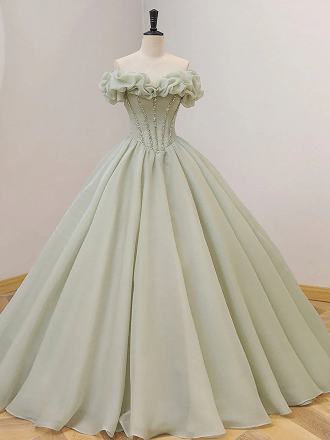 Grünes, langes Ballkleid aus Tüll mit Perlenbesatz, grünes, formelles Abschlusskleid nv1529