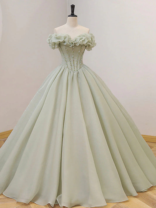 Green Tulle Beading Long Prom Dresses, Green Formal Graduation Dresses nv1529