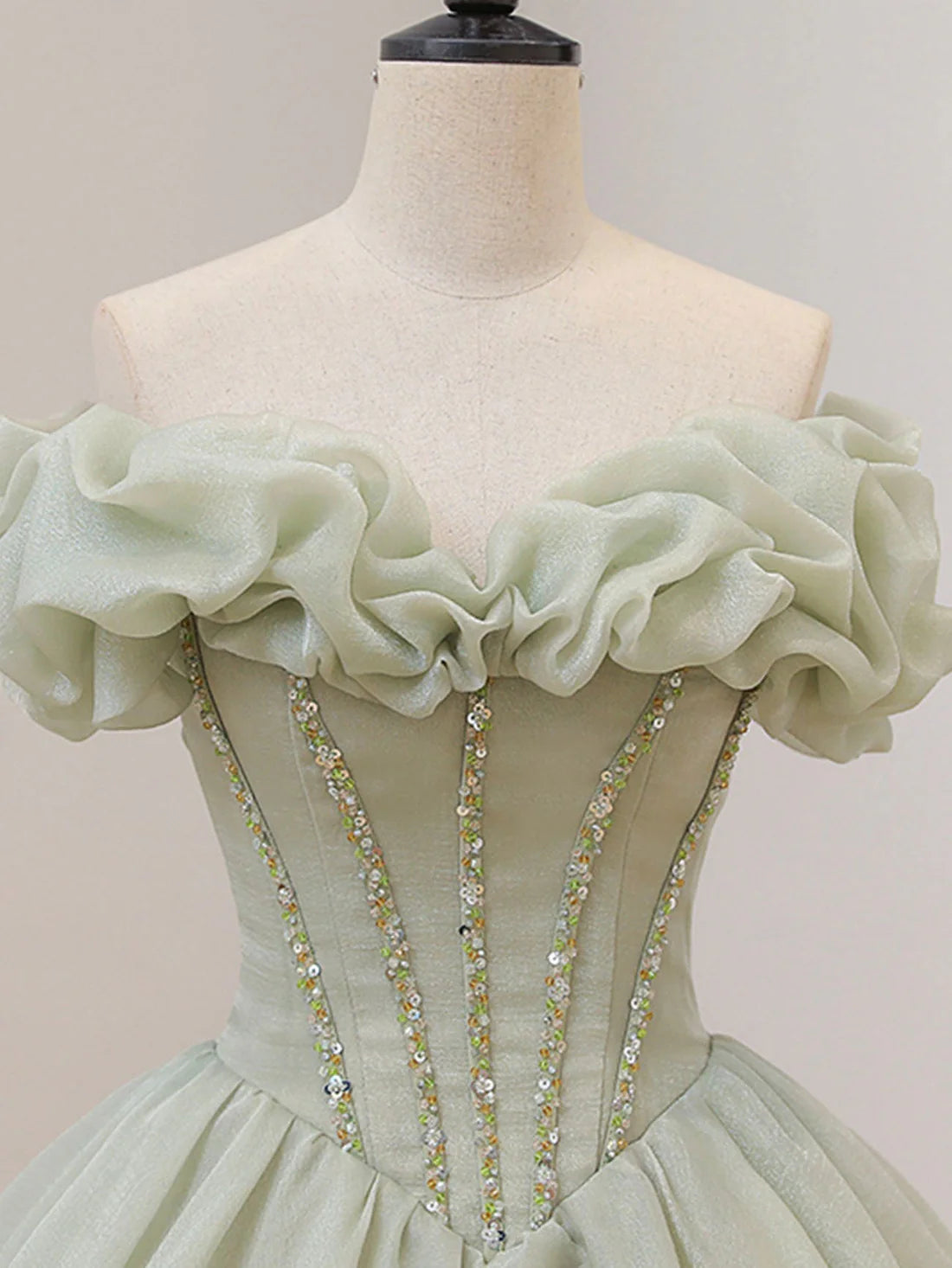 Grünes, langes Ballkleid aus Tüll mit Perlenbesatz, grünes, formelles Abschlusskleid nv1529