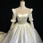 Vintage Elfenbein Creme Satin Herzausschnitt Langarm Langes Hochzeitsballkleid Abend Prinzessin Kleid nv2842