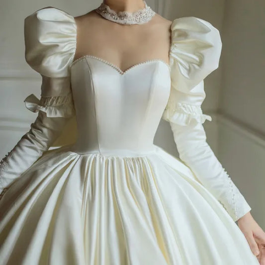 Vintage Elfenbein Creme Satin Herzausschnitt Langarm Langes Hochzeitsballkleid Abend Prinzessin Kleid nv2842
