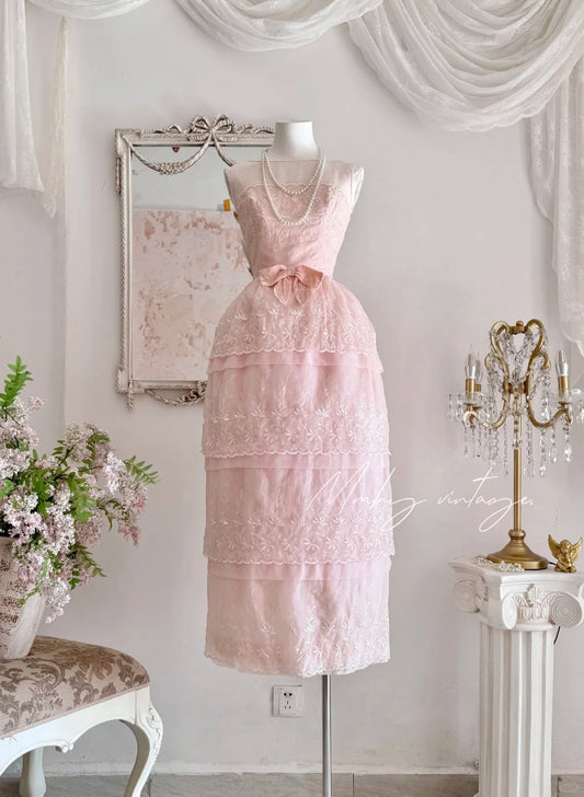 Robe de soirée rose rétro élégante brodée avec boutons de fleurs, taille longue, tulle, velours, nœud, jupe gâteau, robe de bal, robe de bal nv4087