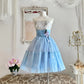 Robe Tutu bleue douce et mignonne avec une fleur violette autour de la taille, jupe trapèze, robe de bal mi-longue/courte, robe de soirée, robe de cérémonie pour adulte, robe d'anniversaire, robe de bal nv4097