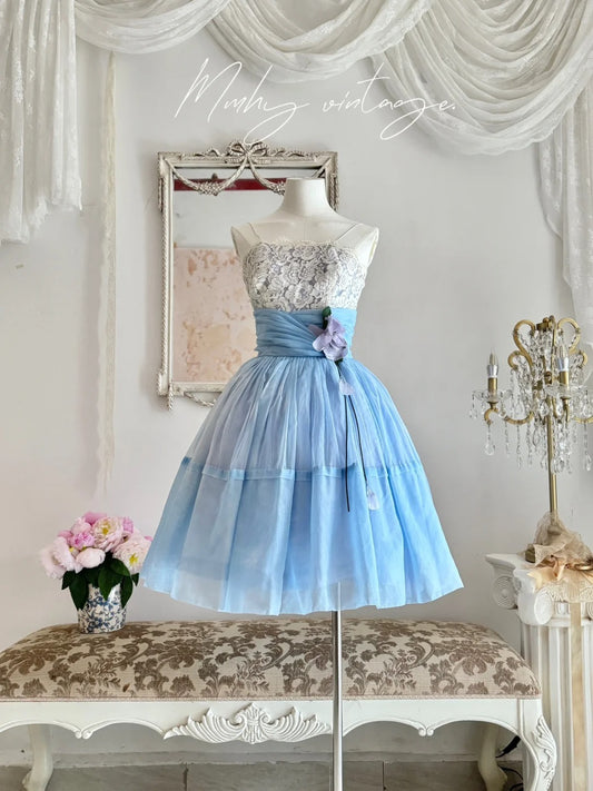 Robe Tutu bleue douce et mignonne avec une fleur violette autour de la taille, jupe trapèze, robe de bal mi-longue/courte, robe de soirée, robe de cérémonie pour adulte, robe d'anniversaire, robe de bal nv4097