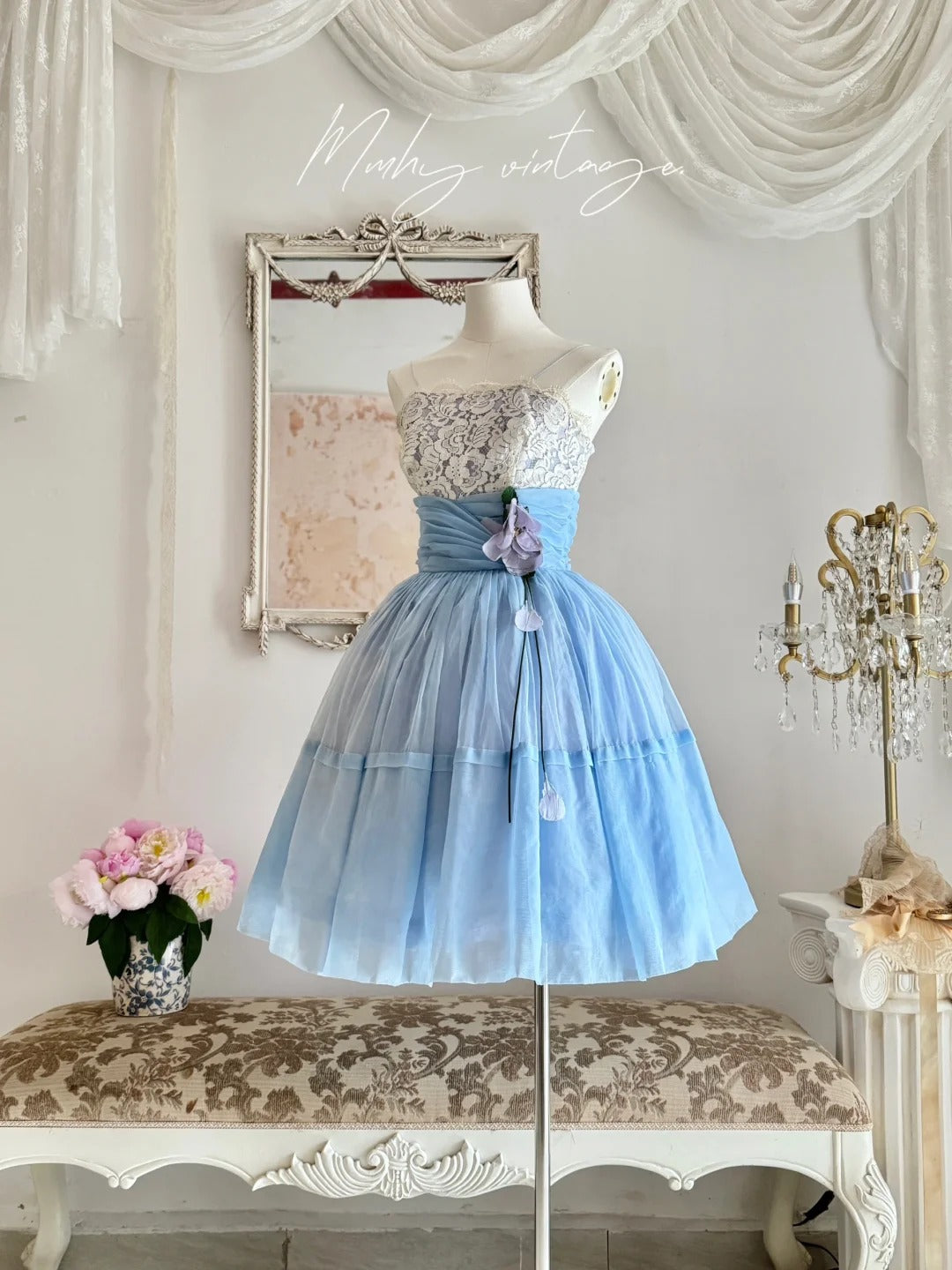 Robe Tutu bleue douce et mignonne avec une fleur violette autour de la taille, jupe trapèze, robe de bal mi-longue/courte, robe de soirée, robe de cérémonie pour adulte, robe d'anniversaire, robe de bal nv4097