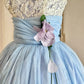 Robe Tutu bleue douce et mignonne avec une fleur violette autour de la taille, jupe trapèze, robe de bal mi-longue/courte, robe de soirée, robe de cérémonie pour adulte, robe d'anniversaire, robe de bal nv4097