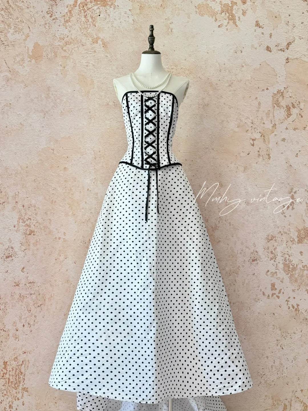 Robe de soirée en mousseline de soie, robe de bal, robe de cérémonie, anniversaire, adulte, robe de soirée, robe trapèze, jupe trapèze, nœud papillon, longue, longueur au sol, noir et blanc, à pois, rétro, NV4092