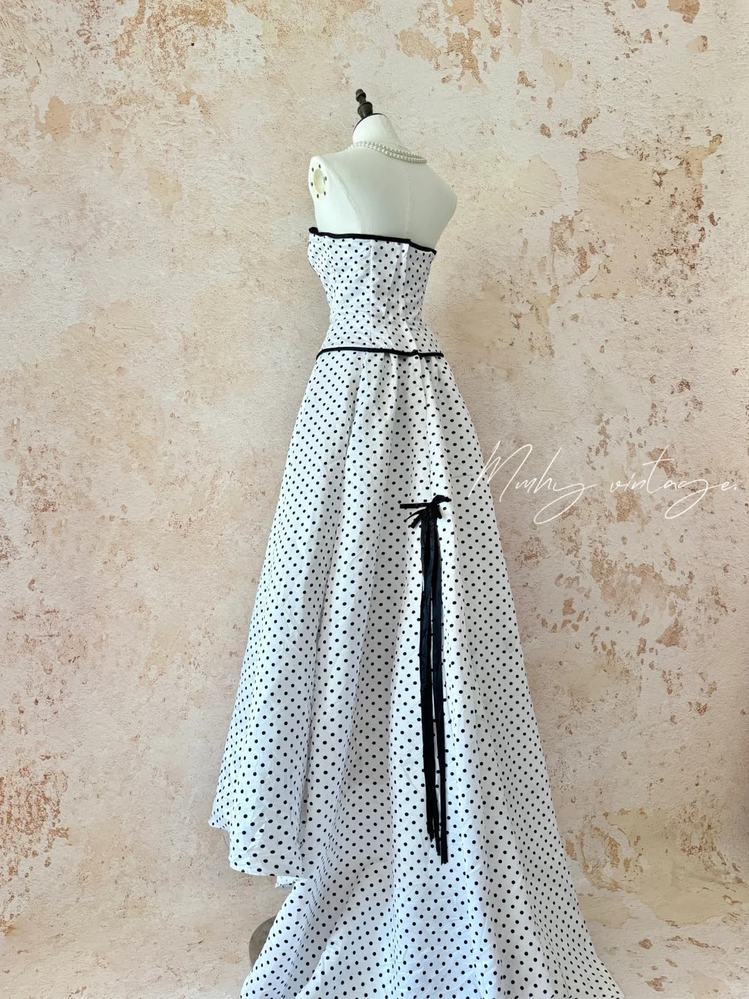 Robe de soirée en mousseline de soie, robe de bal, robe de cérémonie, anniversaire, adulte, robe de soirée, robe trapèze, jupe trapèze, nœud papillon, longue, longueur au sol, noir et blanc, à pois, rétro, NV4092