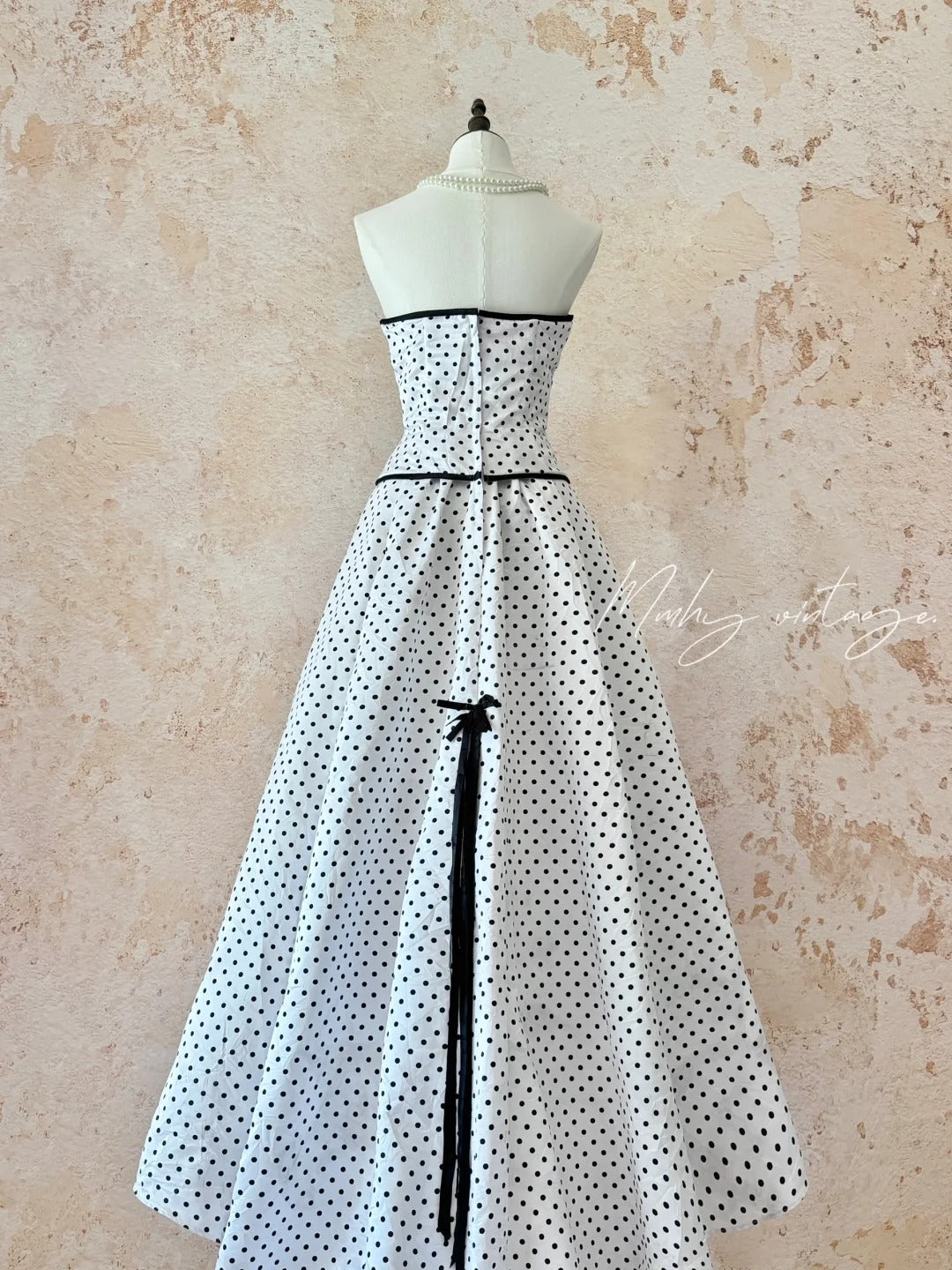 Robe de soirée en mousseline de soie, robe de bal, robe de cérémonie, anniversaire, adulte, robe de soirée, robe trapèze, jupe trapèze, nœud papillon, longue, longueur au sol, noir et blanc, à pois, rétro, NV4092