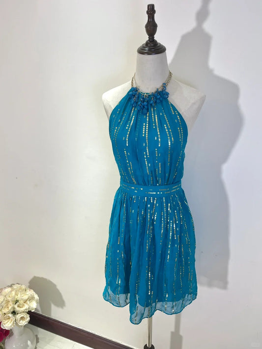 ✨Hübsches, kurzes Chiffon-Heimkehrkleid, Partykleid, Blau, NV5432
