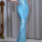 Blaues, glänzendes, mit Pailletten besetztes, langes Chiffon-Ballkleid mit V-Ausschnitt, Abendkleid, Partykleid, nv5127