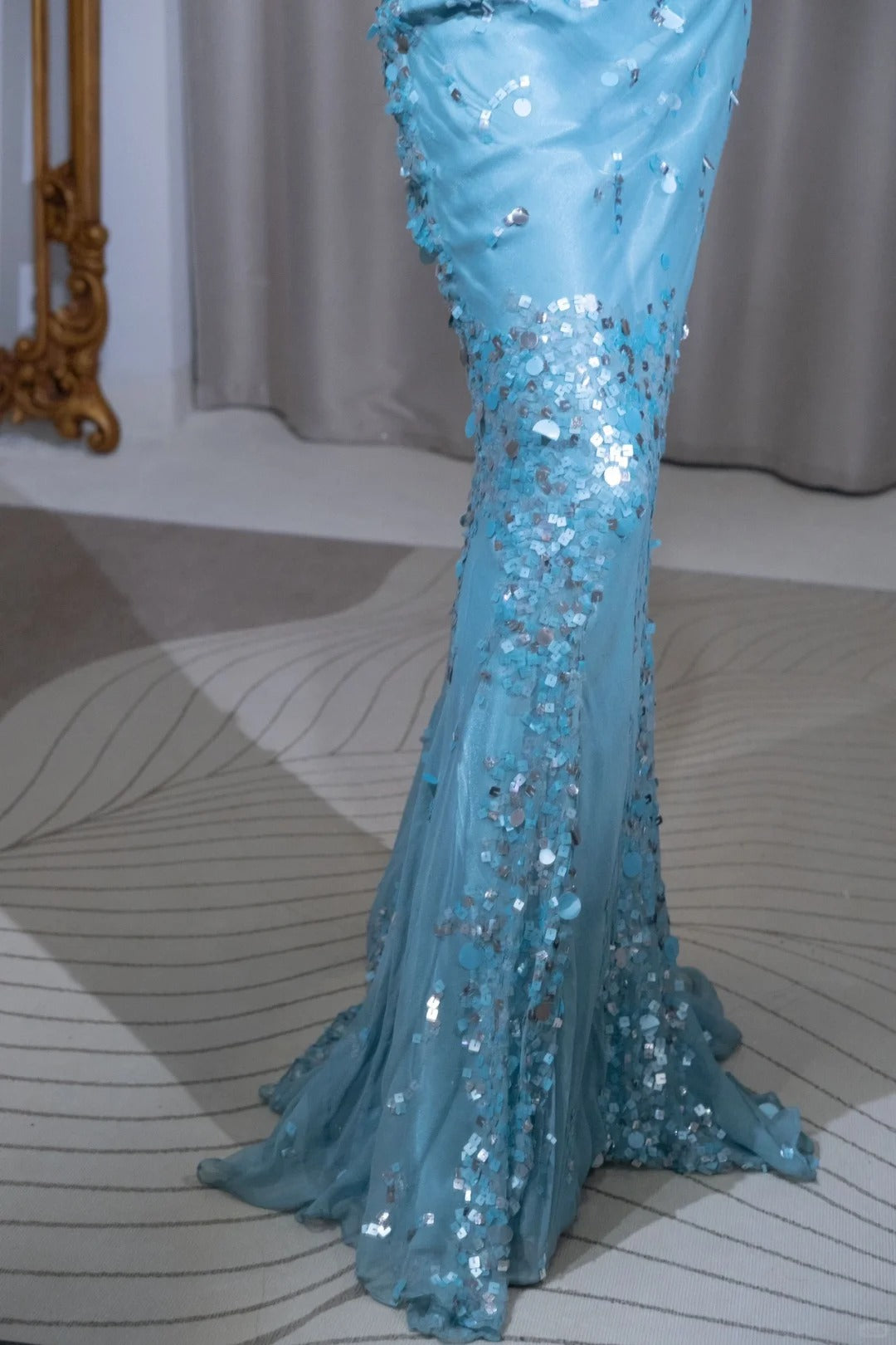 Blaues, glänzendes, mit Pailletten besetztes, langes Chiffon-Ballkleid mit V-Ausschnitt, Abendkleid, Partykleid, nv5127