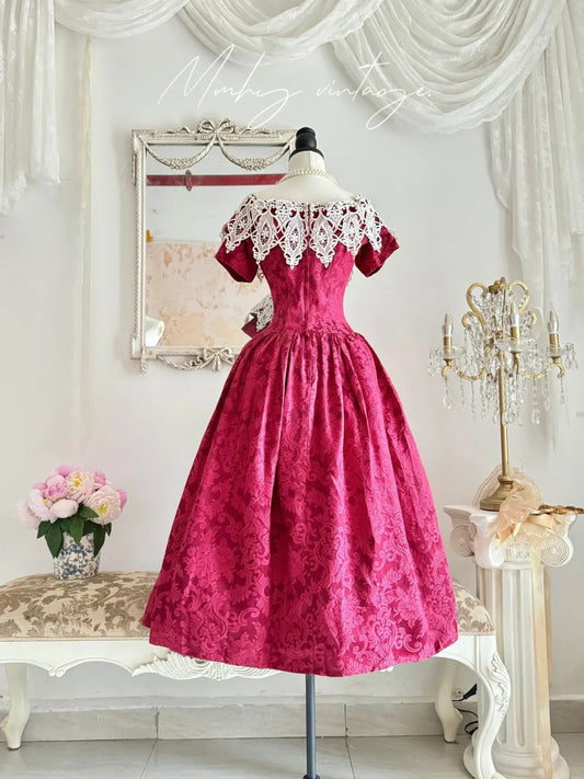 Robe de soirée longue en satin rose rétro élégante à motif floral camélia rouge, robe de bal exquise en dentelle, robe de soirée nv4099