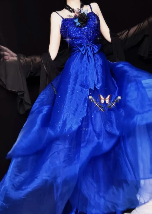 Blaues wunderschönes, exquisites, perlenbesetztes langes Tüll-Ballkleid, Abendkleid, Partykleid, NV4376