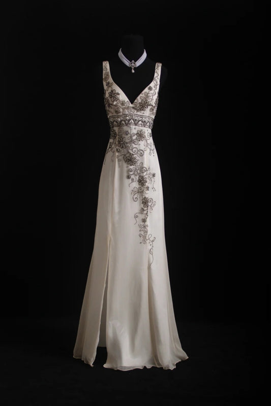 NiceVestidos – Vintage-Kleid in Off-White mit Perlen, exquisites langes Ballkleid mit Perlen, Abschlusskleid NV5860