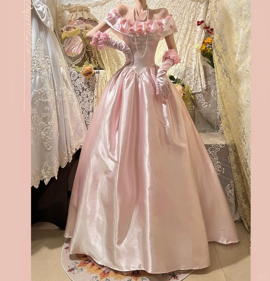 Rosa Elegante Süße Exquisite Vintage Floral Lange Satin Ballkleid Abendkleid Party Kleid Hochzeit Kleid nv4144