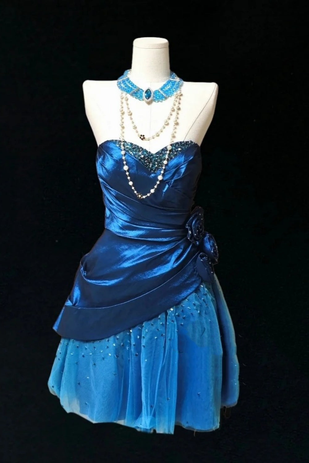 Stand Out! Royal Blue Strapless Satin Dress Beaded Tulle Hem Party Essential NV6835