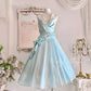 Robe de soirée longue en tulle bleu rétro, élégante, à bretelles spaghetti, style mignon, nv4088