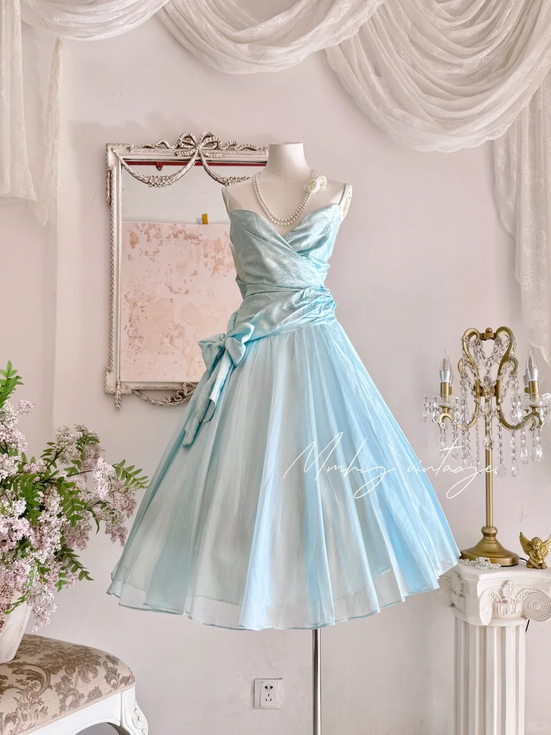 Robe de soirée longue en tulle bleu rétro, élégante, à bretelles spaghetti, style mignon, nv4088