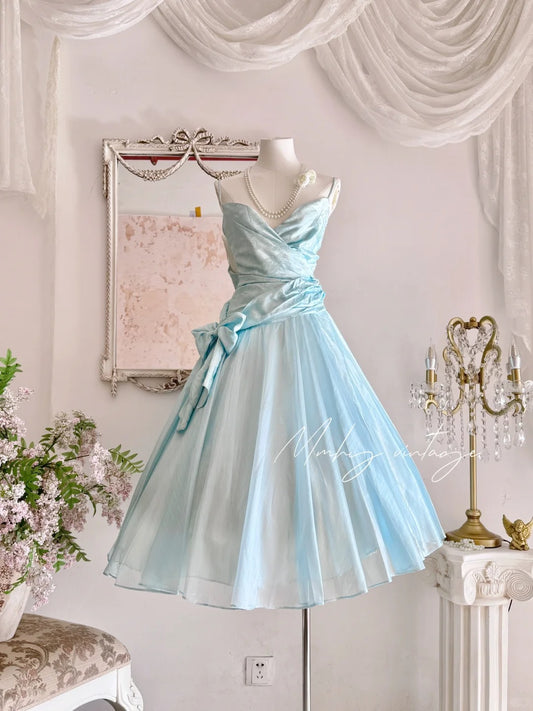 Robe de soirée longue en tulle bleu rétro, élégante, à bretelles spaghetti, style mignon, nv4088