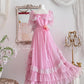 Robe de princesse longue en mousseline de soie et tulle, rose, rétro, mignonne, exquise, à la mode, avec nœud en dentelle, manches bouffantes, à volants, robe de soirée, anniversaire, cérémonie, adulte, nv4090