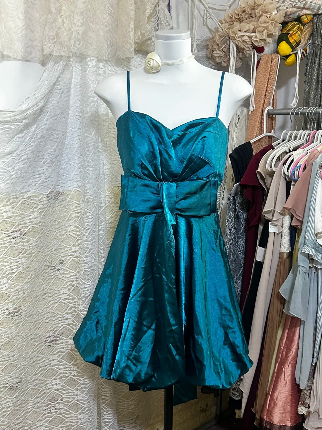 Blaugrünes Vintage-Kurzes Satin-Heimkehrkleid, Geburtstagspartykleid, NV5086