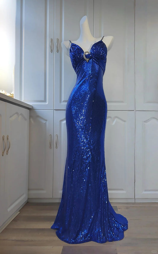 Ein wunderschönes, funkelndes, elegantes blaues Meerjungfrauen-Ballkleid mit langen Pailletten als Abendkleid nv5224