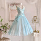 Robe de soirée longue en tulle bleu rétro, élégante, à bretelles spaghetti, style mignon, nv4088