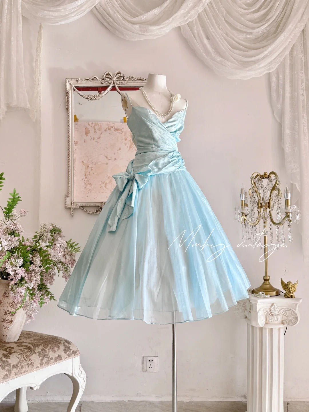 Robe de soirée longue en tulle bleu rétro, élégante, à bretelles spaghetti, style mignon, nv4088