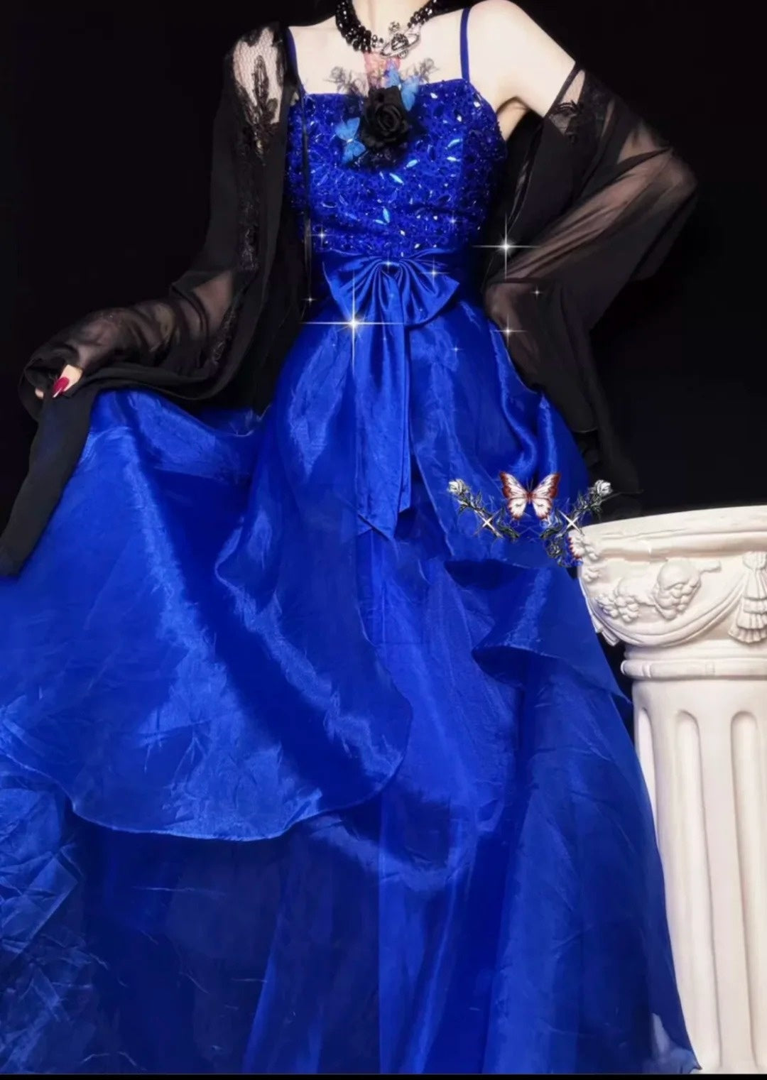 Robe de soirée longue en tulle bleu, magnifique et exquise, avec perles, nv4376