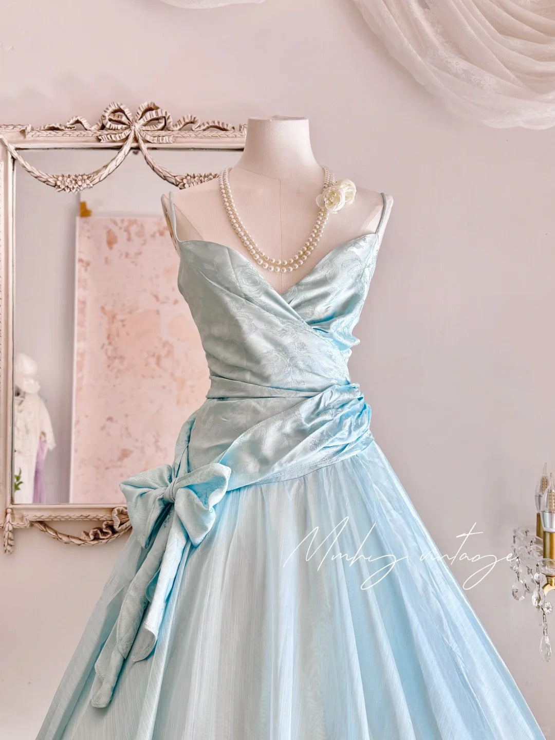 Robe de soirée longue en tulle bleu rétro, élégante, à bretelles spaghetti, style mignon, nv4088