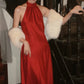 Elegant satin long formal dress with red suspender NV6603