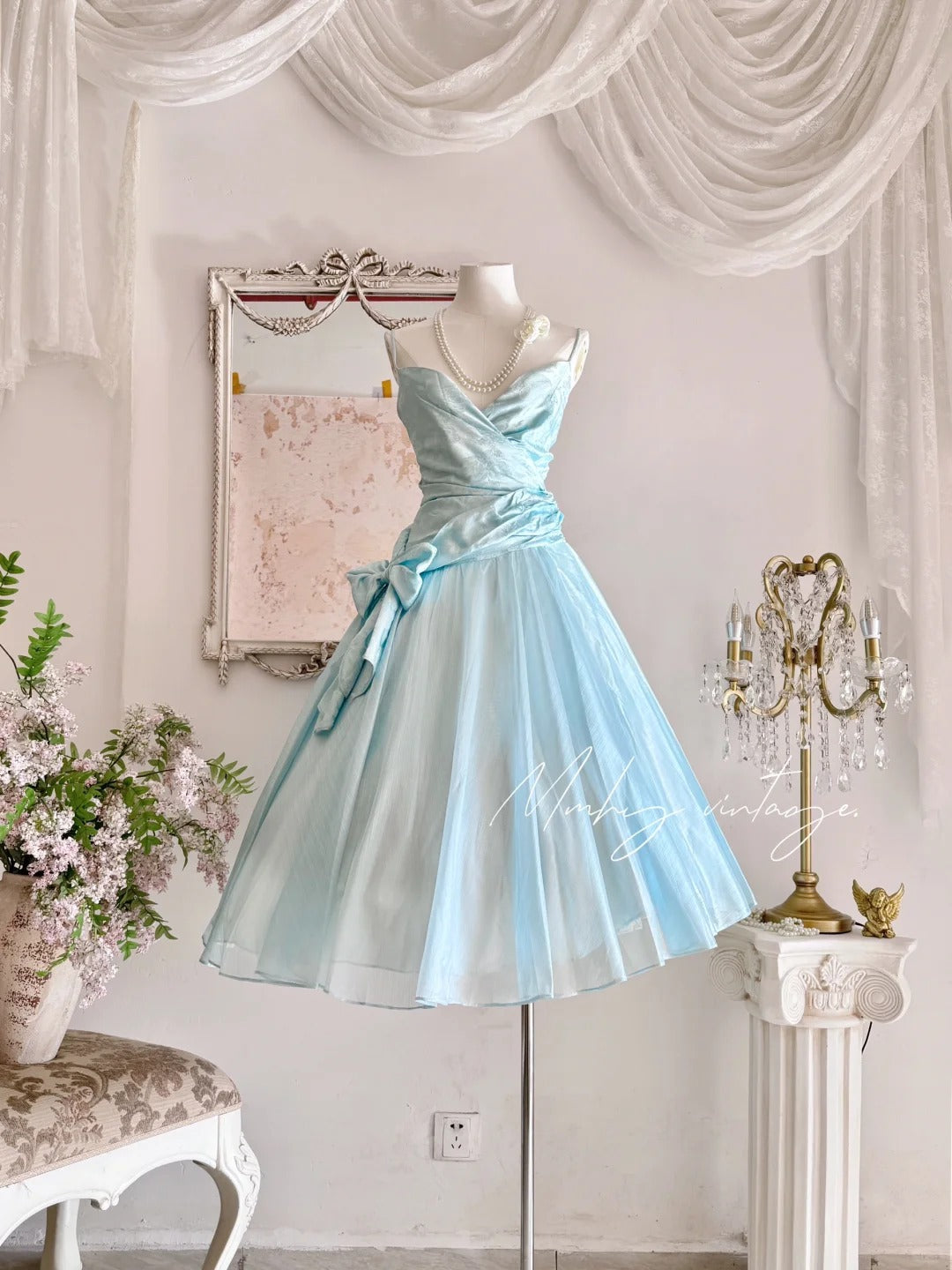 Robe de soirée longue en tulle bleu rétro, élégante, à bretelles spaghetti, style mignon, nv4088