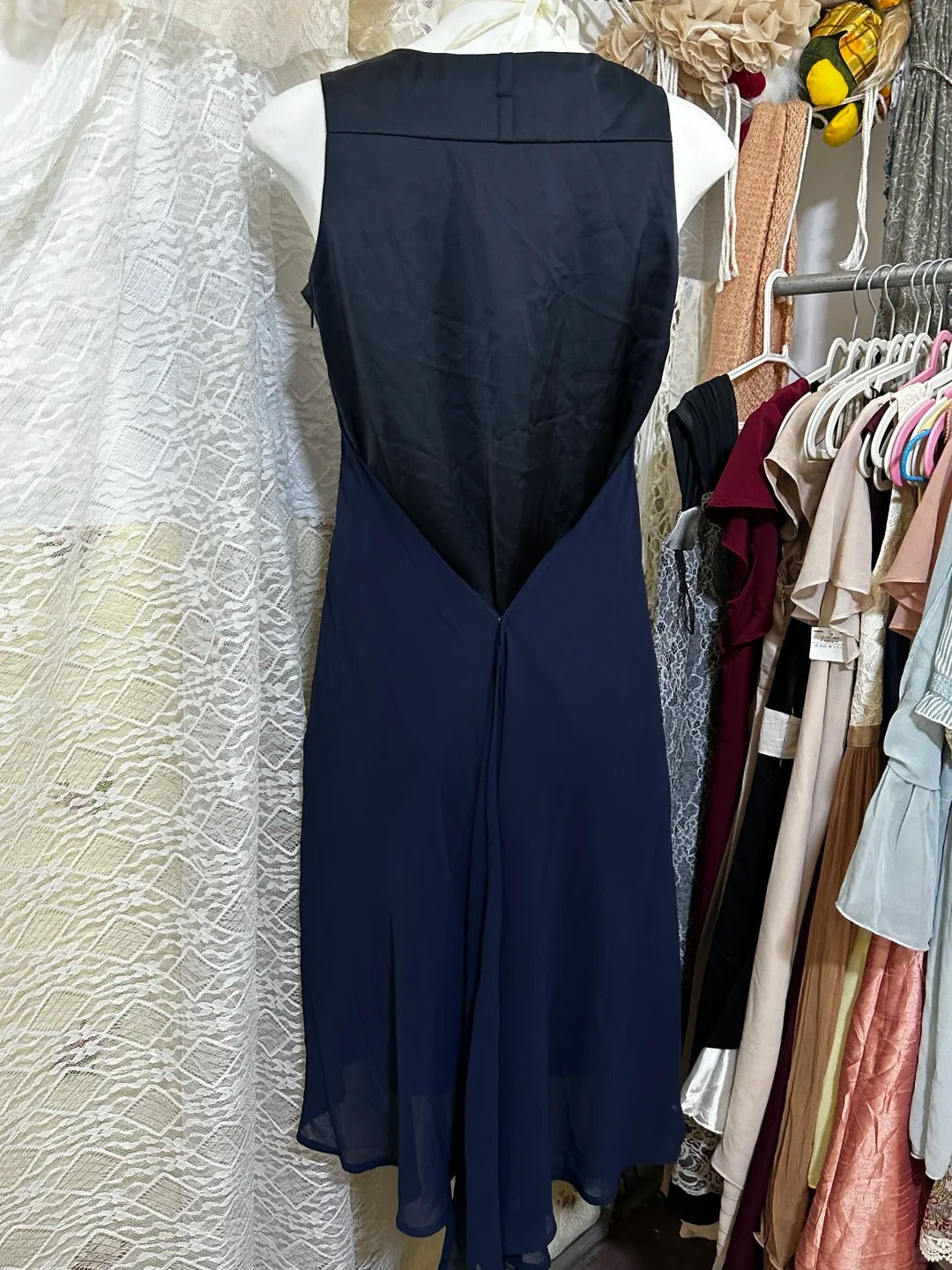 Robe de soirée courte en mousseline de soie bleu marine vintage, robe de soirée d'anniversaire nv5091
