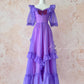 Traubenlila Retro-Mode Niedliche Puffärmel Holzohrkante Langes Tüll-Chiffon-Ballkleid Abendkleid Geburtstagsfeierkleid für Erwachsene nv4093