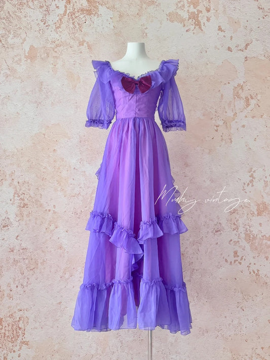 Robe de soirée longue en tulle et mousseline de soie, tenue de soirée, d'anniversaire, de cérémonie, pour adulte, style rétro, violet raisin, manches bouffantes, bord d'oreille en bois, nv4093