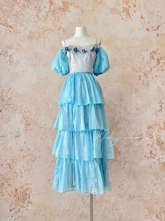 Robe de princesse rétro à volants et manches bouffantes, style gâteau, rose bleu glacé, style mignon, jupe longue en tulle et mousseline, robe de soirée, robe de cérémonie, d'anniversaire, pour adulte, nv4091