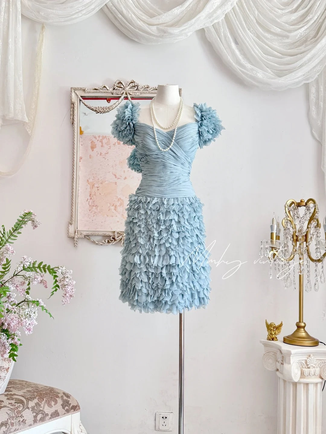Robe courte en tulle et gaze, style rétro bleu brume, douce et mignonne, plissée, plumes lourdes, robe de bal, robe de soirée, robe de fête d'anniversaire, nv4089