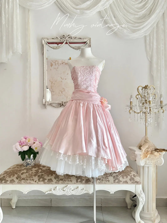 Robe de bal de promo, robe de soirée, robe de fête d'anniversaire, robe de bal, robe de mariée, robe de Quinceanera, robe A-jupe élégante, rose pâle, rétro, à paillettes, mi-longue/courte, en satin, nv4101