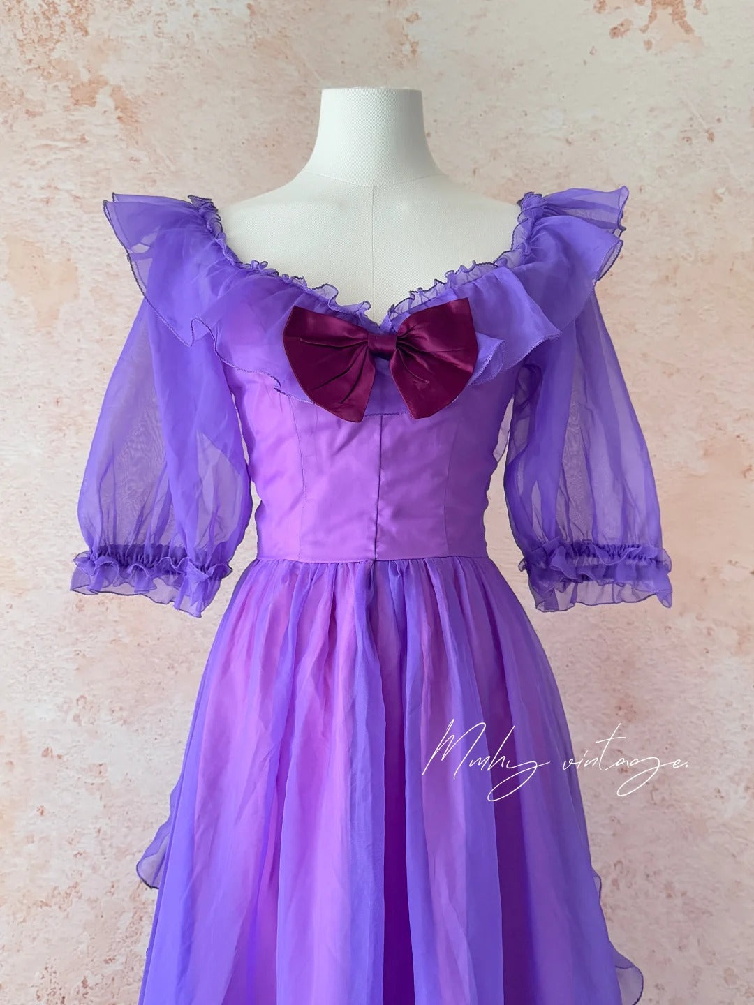 Traubenlila Retro-Mode Niedliche Puffärmel Holzohrkante Langes Tüll-Chiffon-Ballkleid Abendkleid Geburtstagsfeierkleid für Erwachsene nv4093