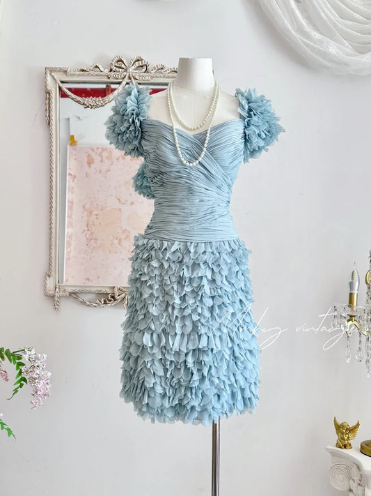 Robe courte en tulle et gaze, style rétro bleu brume, douce et mignonne, plissée, plumes lourdes, robe de bal, robe de soirée, robe de fête d'anniversaire, nv4089