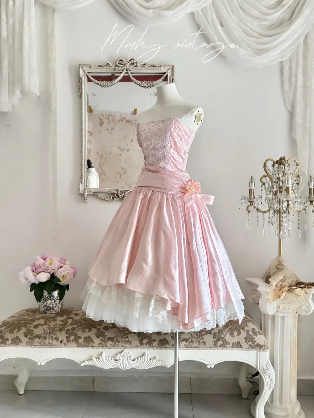 Robe de bal de promo, robe de soirée, robe de fête d'anniversaire, robe de bal, robe de mariée, robe de Quinceanera, robe A-jupe élégante, rose pâle, rétro, à paillettes, mi-longue/courte, en satin, nv4101