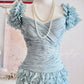 Robe courte en tulle et gaze, style rétro bleu brume, douce et mignonne, plissée, plumes lourdes, robe de bal, robe de soirée, robe de fête d'anniversaire, nv4089