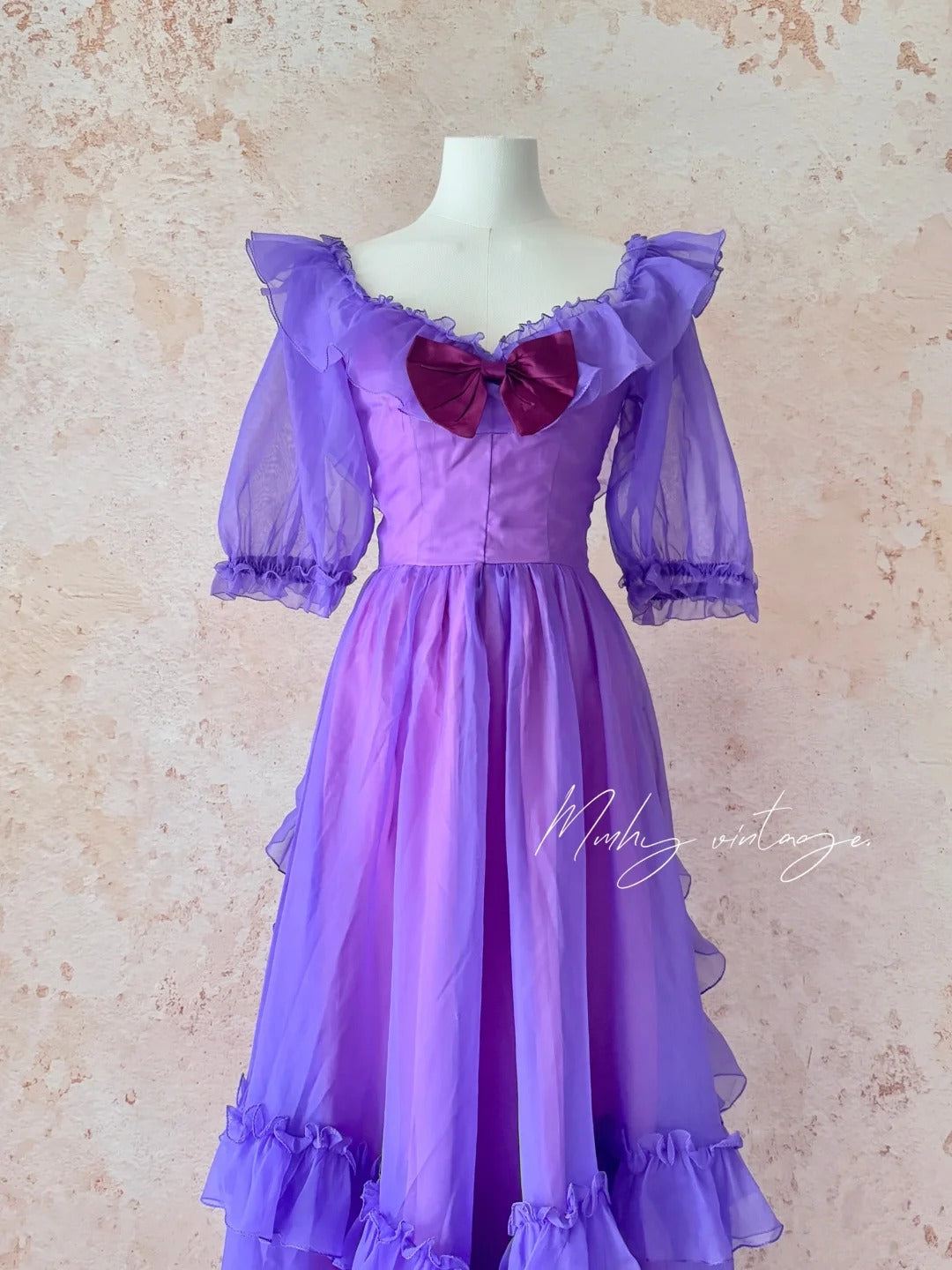 Traubenlila Retro-Mode Niedliche Puffärmel Holzohrkante Langes Tüll-Chiffon-Ballkleid Abendkleid Geburtstagsfeierkleid für Erwachsene nv4093