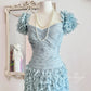 Robe courte en tulle et gaze, style rétro bleu brume, douce et mignonne, plissée, plumes lourdes, robe de bal, robe de soirée, robe de fête d'anniversaire, nv4089