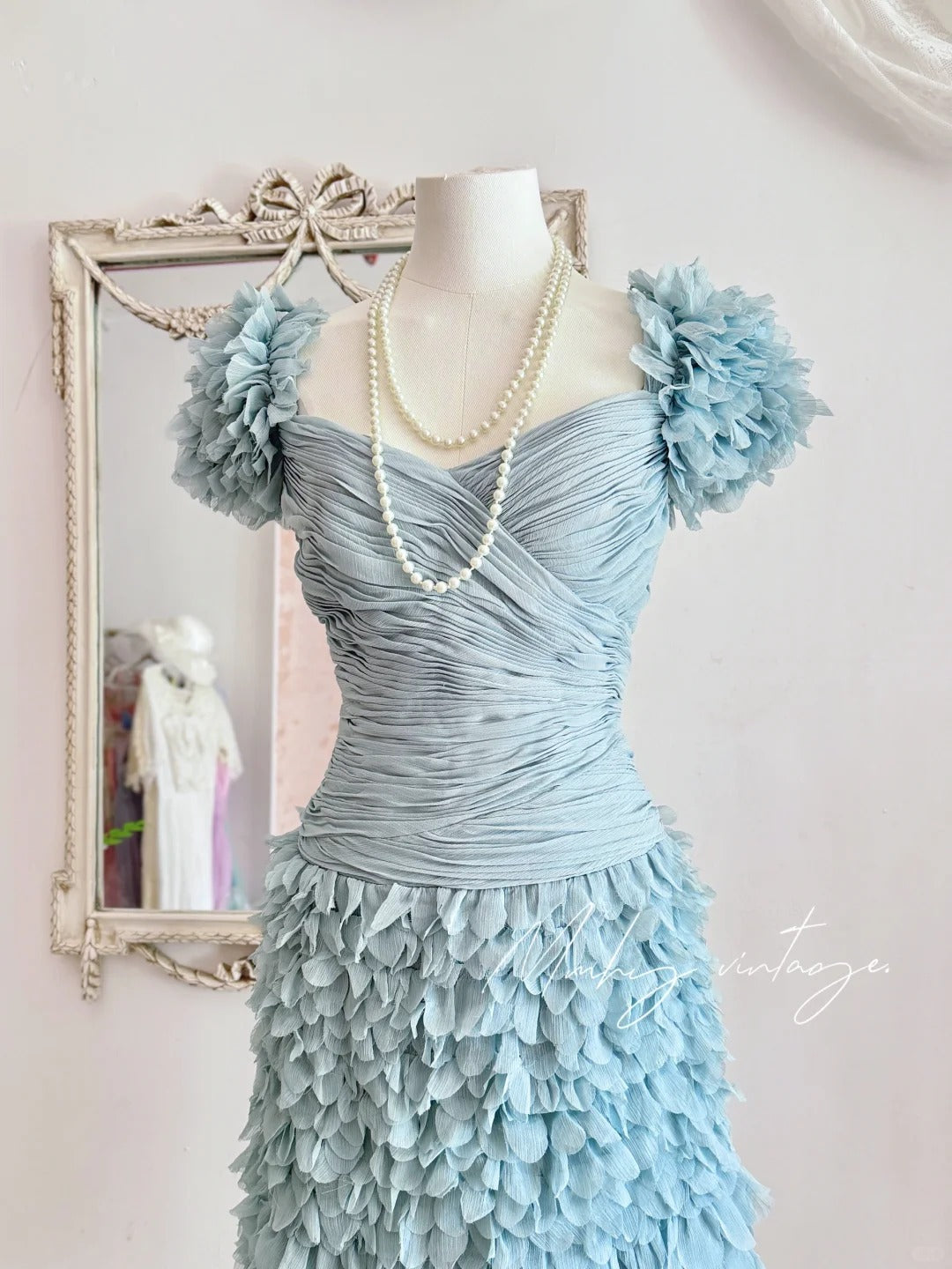 Robe courte en tulle et gaze, style rétro bleu brume, douce et mignonne, plissée, plumes lourdes, robe de bal, robe de soirée, robe de fête d'anniversaire, nv4089