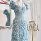 Robe courte en tulle et gaze, style rétro bleu brume, douce et mignonne, plissée, plumes lourdes, robe de bal, robe de soirée, robe de fête d'anniversaire, nv4089