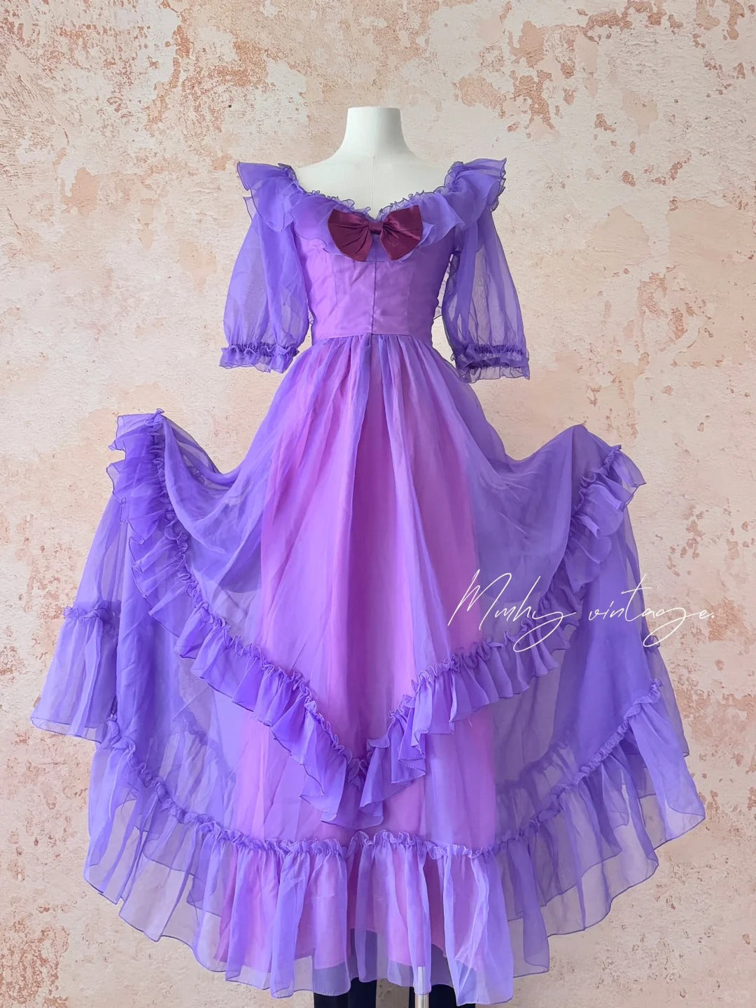 Traubenlila Retro-Mode Niedliche Puffärmel Holzohrkante Langes Tüll-Chiffon-Ballkleid Abendkleid Geburtstagsfeierkleid für Erwachsene nv4093