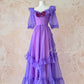 Traubenlila Retro-Mode Niedliche Puffärmel Holzohrkante Langes Tüll-Chiffon-Ballkleid Abendkleid Geburtstagsfeierkleid für Erwachsene nv4093