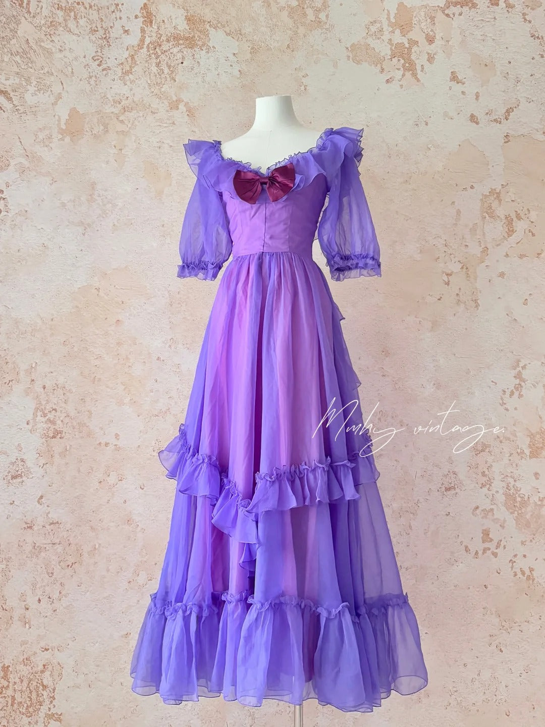 Traubenlila Retro-Mode Niedliche Puffärmel Holzohrkante Langes Tüll-Chiffon-Ballkleid Abendkleid Geburtstagsfeierkleid für Erwachsene nv4093